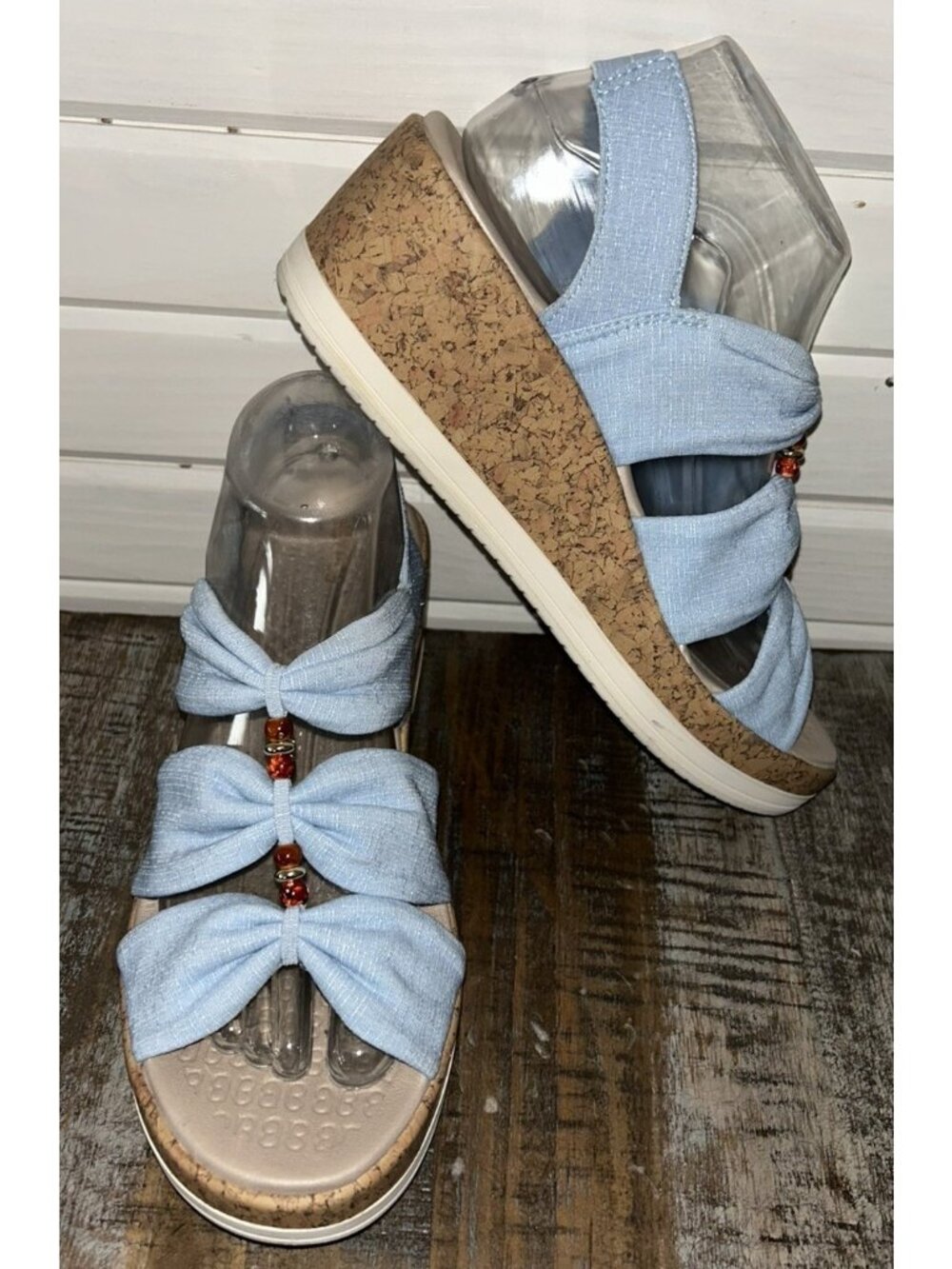 Bzees Sz 9 Roma Blue Denim Boho Canvas Bead Slingback Comfort Sandals Cork Wedge